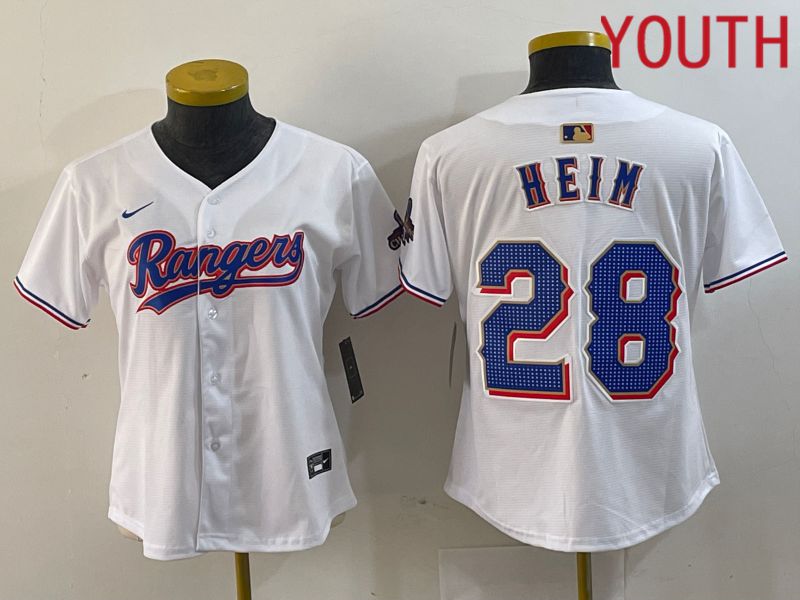 Youth Texas Rangers #28 Heim White Champion Game Nike 2024 MLB Jersey style 1->->Youth Jersey